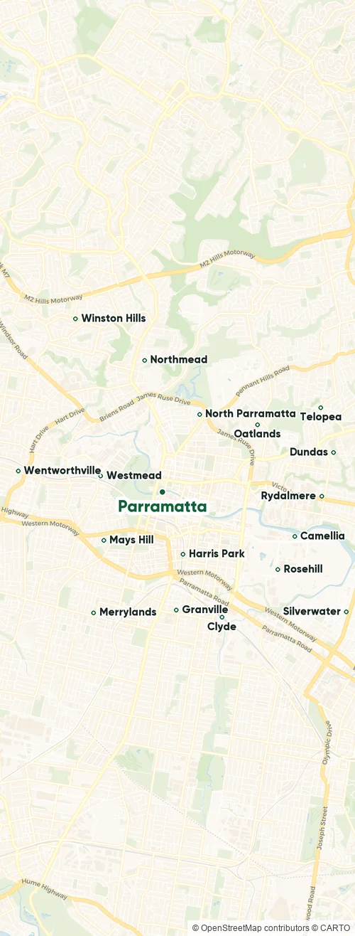 Map of the Manly plumbing service area, showing the suburbs we cover from Riverstone and Schofields through Quakers Hill and Manly to Prospect and Toongabbie